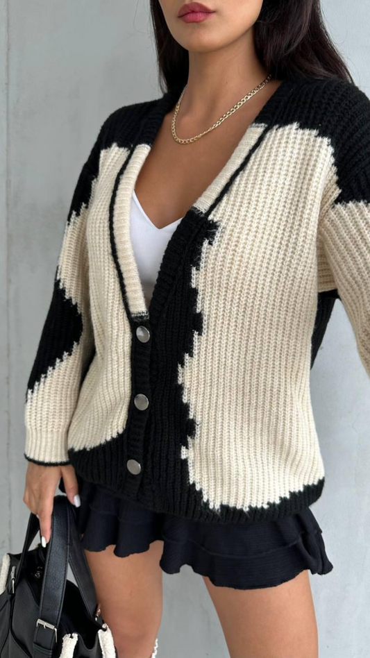 Cardigan Bicolore Noir et Crème